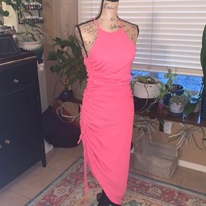 Break the Rules Pink Ruched Asymmetrical Midi Dress by Lulus, size medium